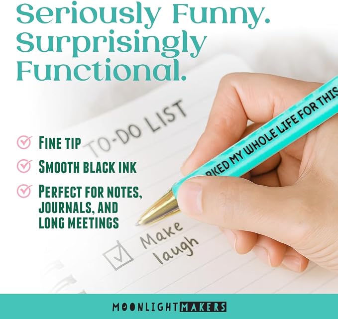 Moonlight Makers - Set of 5 Ballpoint Pens Black Ink- Engraved Funny Pens for Adults - Happy Retirement Appreciation Adult Gifts - Ideal Desk Decor for Work & Office Desk - Cute Packaging, Handy Clips