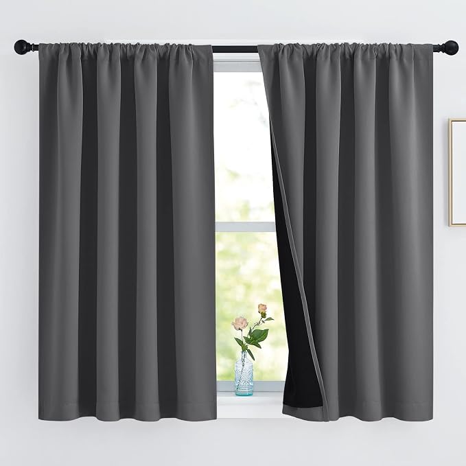 NICETOWN 100% Blackout Curtains with Black Liners, Thermal Insulated Rod Pocket Full Blackout 2-Layer Lined Drapes, Noise Reducing Window Draperies for Nursery (Grey, 2 Panels, 52 W by 54 L)