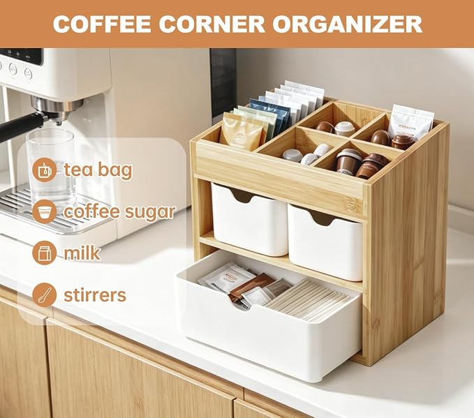 Bamboo Organizer with 3 Drawers, Small Organizer for Bathroom Countertop, Makeup Vanity Skincare/Cosmetic Organizer Box, Desktop Organization for Stationery, Adjustable & No Assembly Required