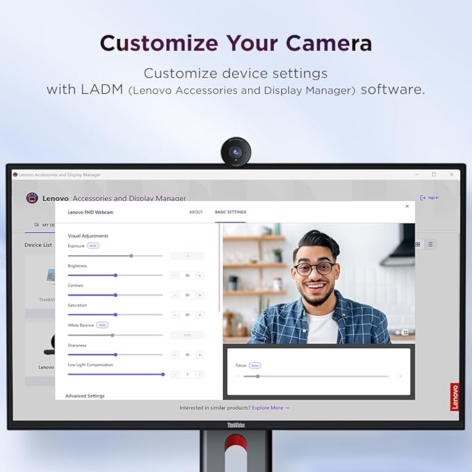 Lenovo FHD Webcam, 1080p Resolution, 30 fps, Dual Noise-Cancelling Microphones, AI Noise Cancellation and Enhanced Image Quality, Physical Privacy Shutter, Microsoft Terms Certified, Black