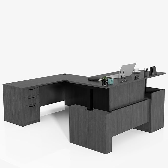 100.4'' U-Shaped Executive Standing Desk with Pre-Assembled Frame & Lockable Cabinets, Height Adjustable Dual-Motor Sit-Stand Workstation for Corporate & Home Office (Grey-U)
