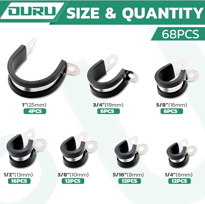 OURU 68PCS Cable Clamps Assortment Kit,Rubber Coated, 1/4"-1" 7 Sizes | 304 Stainless Steel, Anti-Vibration, Rust Resistant, Secure Hold, Automotive Wire, Pipe & Tube Mounting, Cable Management