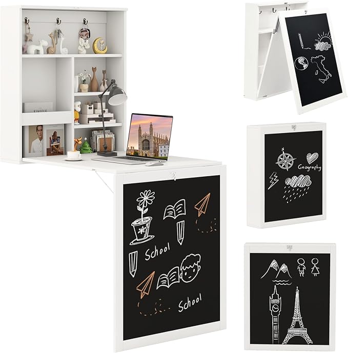 SIMOE Floating Wall-Mounted Desk, Storage Shelves and Hooks, Foldable Murphy Table with Chalkboard, Space-Saving Solution for Home Office, Bedroom, Dorm Room and Small Spaces