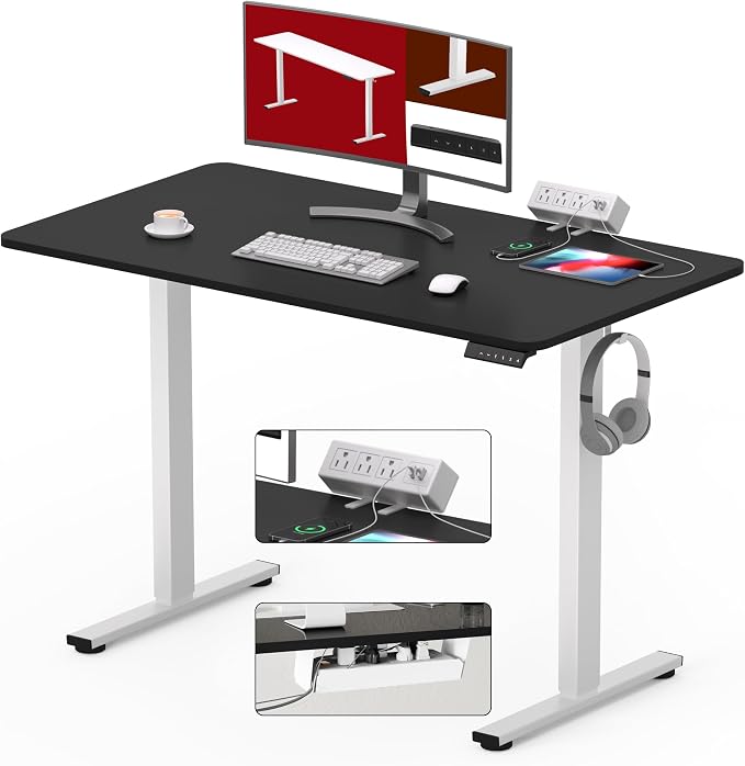 SANODESK Electric Standing Desk with Desk Clamp Power Strip 40"x 24" Whole-Piece Desktop Height Adjustable Stand Up Desk with Cable Management Sit Stand Home Office Desk White Frame/Black Top
