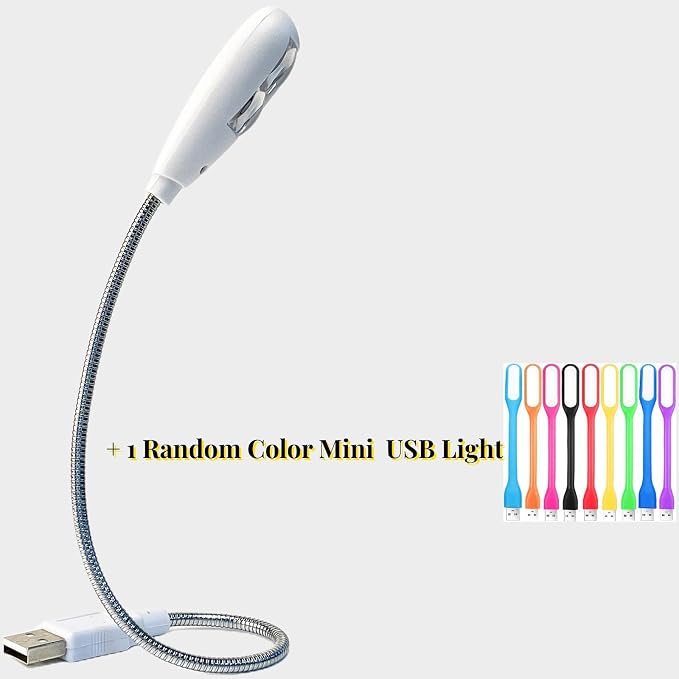 LED USB Reading Lamp Light with 2-Brightness Dimmable Setting, Flexible Gooseneck USB Light for Notebook Laptop Keyboard, Powerbank(On/Off Switch, 1 White+1 Mini USB Light)