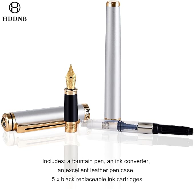 Silver Luxury Fountain Pen Set for Men and Women with Gift Box, 24K Gold Finish and Gilded Nib(Extra Fine)