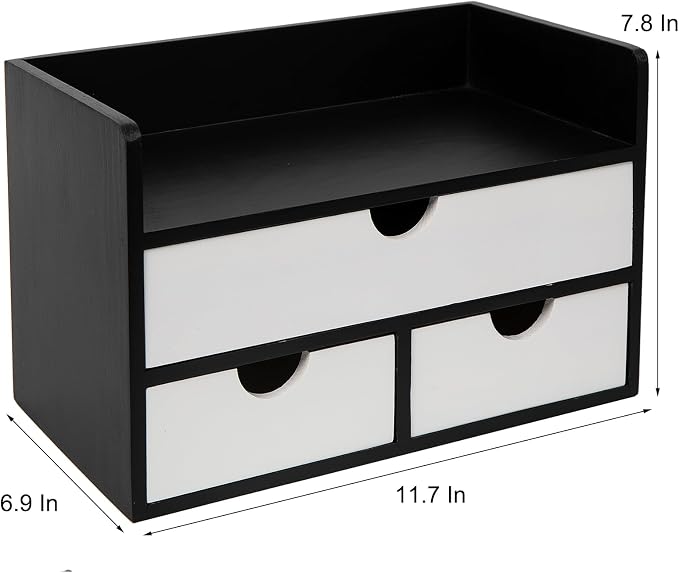 Rustic Wood Desk Organizer with Drawers,3-Drawer Desktop Storage Box | Two-Tone Black & White‌ 3 Drawers Shelf Pens, Notes, Makeup, Jewelry & Toiletries for Office, Bath Vanity Office Supplies