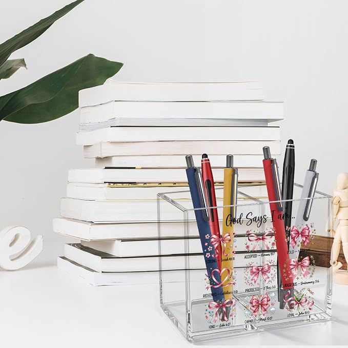 Pink Bow Girly Inspirational Christian Acrylic Cosmetic Pencil Pen Holder Cup Cute Religious Gifts for Girl Women God Says I Am Preppy Decor for Home Office Desk Vanity Organizers and Accessories
