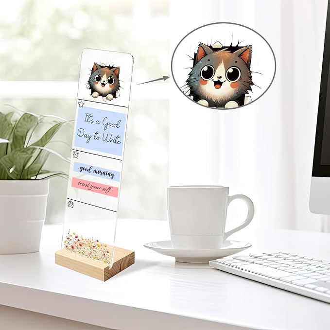 Sticky Note Holder, Monitor Memo Board, Acrylic Post It Note Holder with Wooden Base, Includes 200 Notes, Desk Organizer for Office, Cute Cat Design