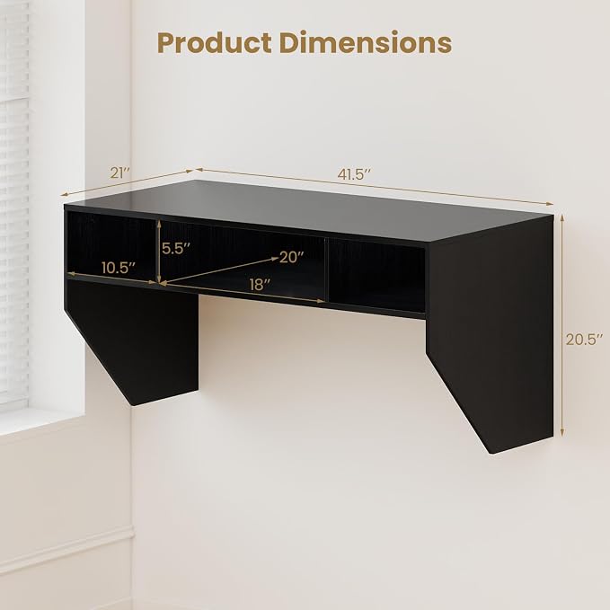 Giantex Wall-Mounted Computer Desk, Floating Laptop Desk with 3 Storage Compartments, Space-Saving Home Office Workstation Vanity Table for Bedroom, Study, Living Room (Black)
