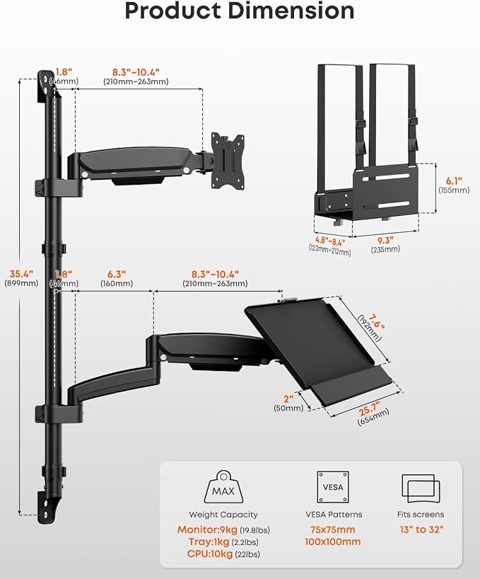 Wall Mount Sit Stand Workstation with Single Monitor Mount, Keyboard Tray and CPU Holder, Height Adjustable Full Motion Arms for 13-32 inch Screens, VESA 75x75, 100x100, Black