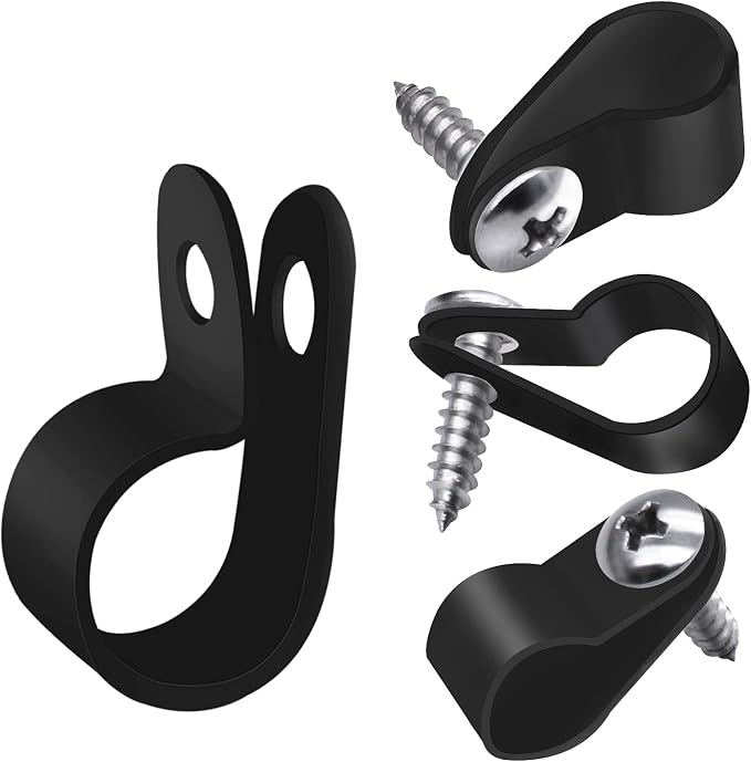 mankk 50PCS 1/2 Inch Rope Light Clips P-Style Mounting Clips Plastic Cable Clamps with Compatible Stainless Steel Pan Head Phillips Screws for Wire Management M-030-BK-LS