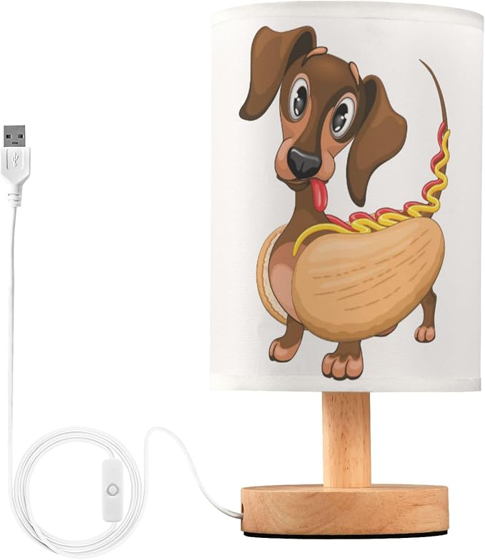 Table Lamp Dachshund Hot Dog Nightstand Lamp with Wood Base Fabric Lamp Shade Bedside Desk Lamp for Living Room Bedroom Kids Room Office