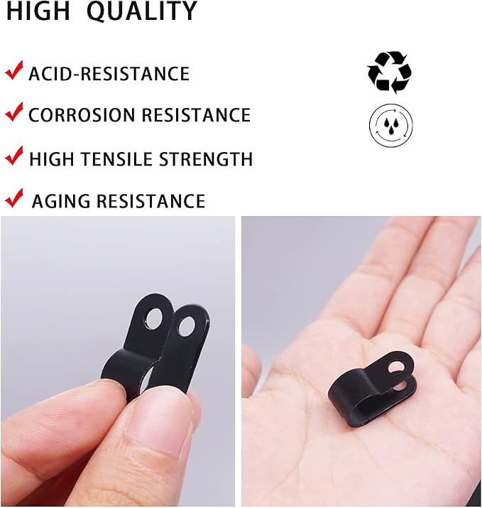 mankk 100PCS 1/4 Inch Rope Light Clips P-Style Mounting Clips Plastic Cable Clamps with Compatible Stainless Steel Pan Head Phillips Screws for Wire Management M-034-BK-LS