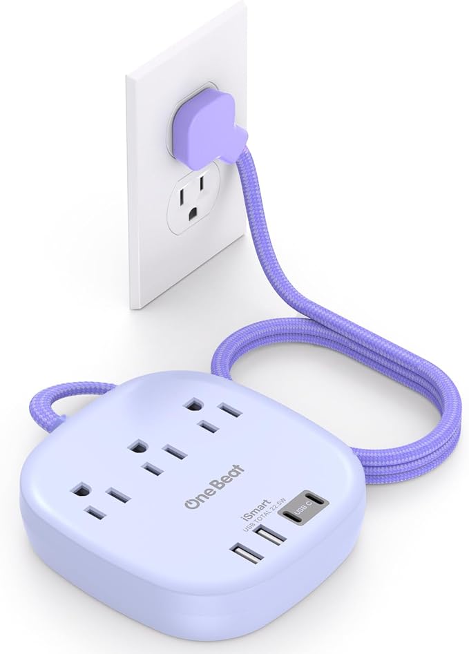 Cruise Ship Travel Essentials, 22.5W/4.5A Flat Plug Power Strip, 6Ft Extension Cord, 3 Outlets 4 USB Ports (2 USB C) Cruise Approved Power Strip No Surge Protection, Desktop Charging Station, Purple