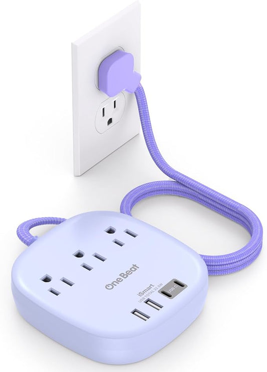 Cruise Ship Travel Essentials, 22.5W/4.5A Flat Plug Power Strip, 6Ft Extension Cord, 3 Outlets 4 USB Ports (2 USB C) Cruise Approved Power Strip No Surge Protection, Desktop Charging Station, Purple