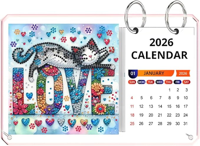 2026 Standing Desk Calendar DIY Diamond Art Painting Monthly Flip Desktop Calendar Mosaic Kits Acrylic Tabletop Calendars Diamond Art Craft Supplies Planner for Office Home Decor-Love