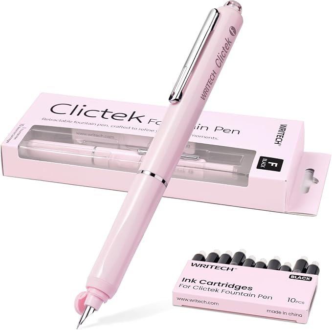 WRITECH Retractable Fountain Pen Clictek: Fine Nib Black Ink with 10 Refillable Ink Cartridges No Leaking Smooth Writing for Gift Calligraphy Journaling School Office