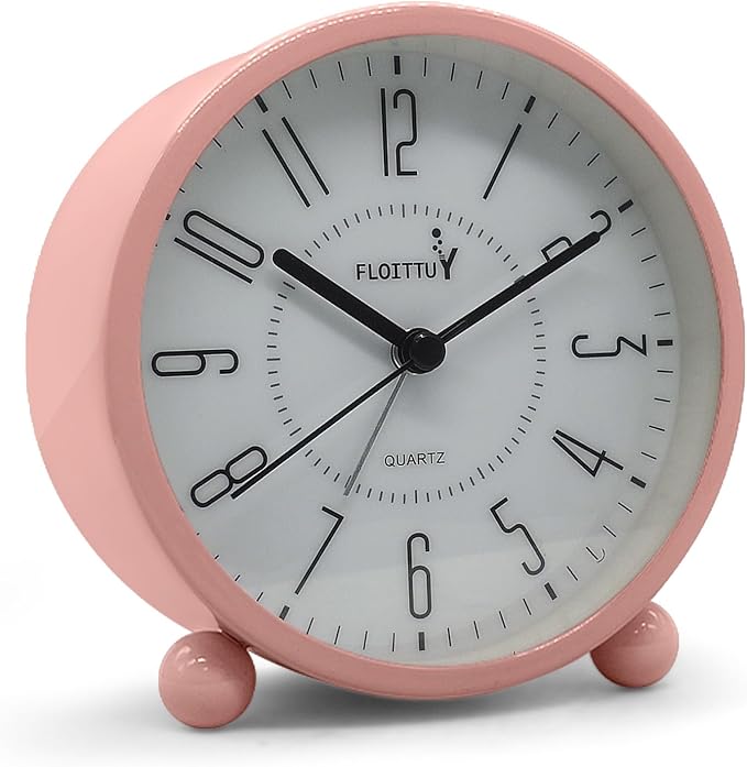 FLOITTUY Super Silent Metal Alarm Clock,Beep Wake Round Alarm Clock with Night Light,Battery Operated,Easy Set,Simple & Retro for Desk, Bedroom and Home Decoration(Pink)