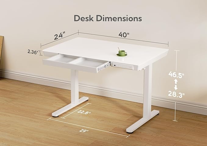 Claiks Glass Standing Desk with Drawers & USB Ports 40x24 Inch, White | 3 Steps Quick Install, 2 Zones Drawer, USB Ports, Ultra White One-Piece Glass Top, Writable Top
