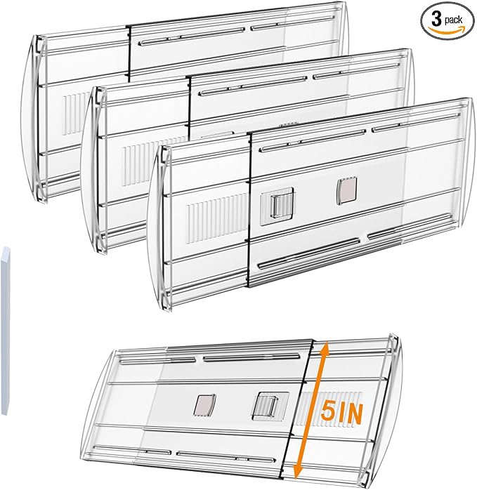 3 Pack Adjustable Heavy-Duty Drawer Dividers for Clothes,5" High Expandable From 13-21" Clear Drawer Organizers, PC Plastic Separators for Dresser/Bedroom/Bathroom/Kitchen/Office Storage