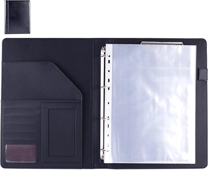 PU Leather Padfolio Ring Binder with Clipboard Resume Leather Portfolio with 20 Clear Plastic Sleeves Black