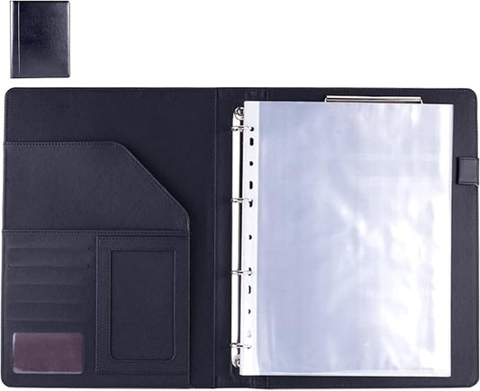 PU Leather Padfolio Ring Binder with Clipboard Resume Leather Portfolio with 20 Clear Plastic Sleeves Black