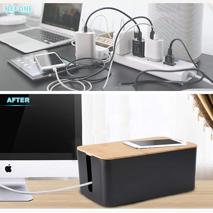 PowerKing Cable Management Boxes Organizer, Bamboo Lid, Large Storage Wires Keeper Holder for Desk, TV, Computer, USB Hub, System to Cover and Hide & Power Strips & Cords (Luxury Black)