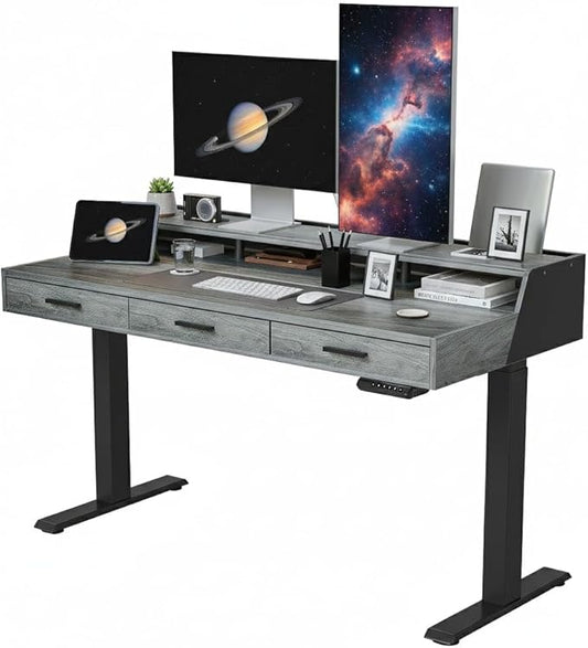 CubiCubi Standing Desk 55x26 Inches with 3 Wood Drawers and Monitor Shelf, Ergonomic Rising Home Office Desks, Height Adjustable Computer Desk, Sit Stand Up Electric Workstation Table, Rustic Grey