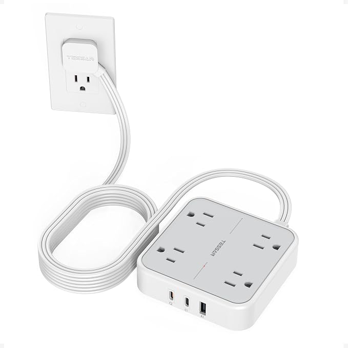 TESSAN Surge Protector Flat Extension Cord 15Ft, Flat Plug Power Strip with 4 Outlets 3 USB Ports (2 USB C), 900 Joules Protection, Multiple Wall Outlet Extender Suitable for Home Office Dorm, Grey