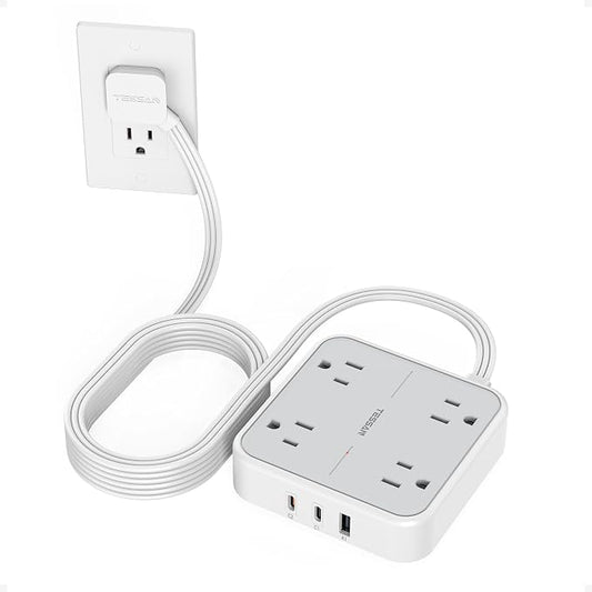 TESSAN Surge Protector Flat Extension Cord 15Ft, Flat Plug Power Strip with 4 Outlets 3 USB Ports (2 USB C), 900 Joules Protection, Multiple Wall Outlet Extender Suitable for Home Office Dorm, Grey