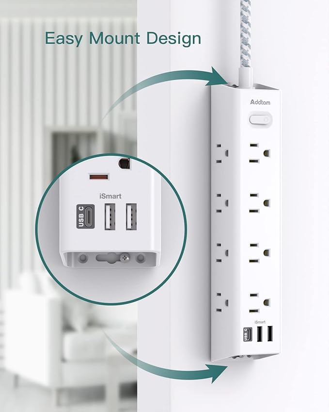 Surge Protector Power Strip - 5 FT Extension Cord, Power Strip with 12 Widely AC Outlet 3 USB, Flat Plug Wall Mount Overload Protection, 1050J, Desk Charging Station for Home Office, ETL Listed,White