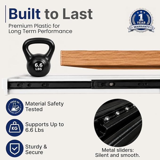 Under Desk Drawer, Adjustable Dividers, Impact-Resistant, 22" – White | Silent steel rails, 100% extension. Protective mat included, easy 4-screw install. Fits most desks, 22"×13"×2".