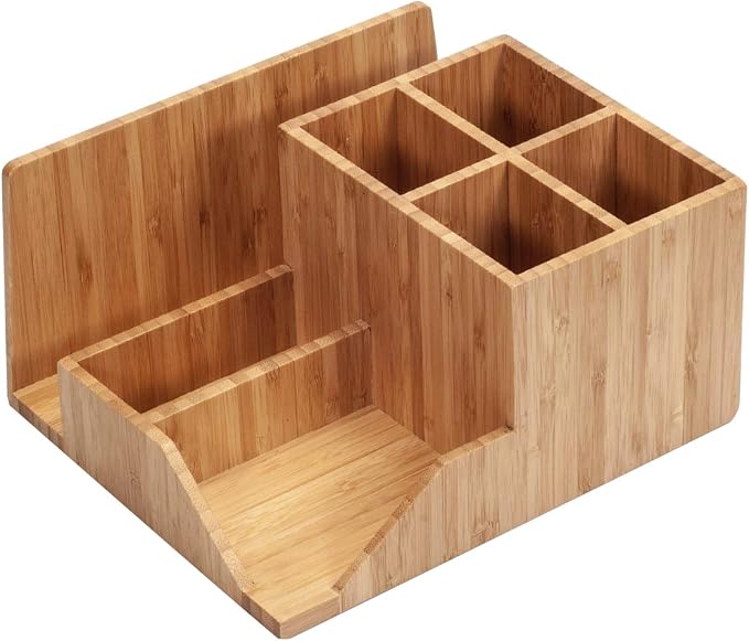 MobileVision Bamboo Multi-Function Desktop Organizer; Store stationary items like notepads, file folders, paperclips, business cards, pens, & more