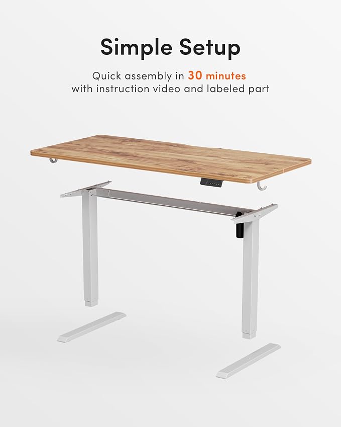 DESINO Standing Desk, 63 × 28 Inches Electric Height Adjustable, Sit and Stand Up, Computer Office Desk with Splice Board, White Frame/Light Rustic TOP