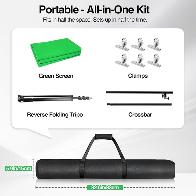 5x10ft Green Screen Backdrop Kit with Stand, Portable Greenscreen Background Includes Foldable T-Stand, 6 Clips and Carry Bag for Streaming, Gaming, Meeting, Video Production, Photography