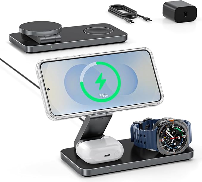 Qi2 25W Magnetic Wireless Charger for Samsung, 3 in 1 Fast Charging Station Compatible with MagSafe for Galaxy S26/S25/S24/S23/Ultra/Plus/Z Fold/Flip 7, Watch Ultra/8/7/6/5 & Buds with 35W Adapter
