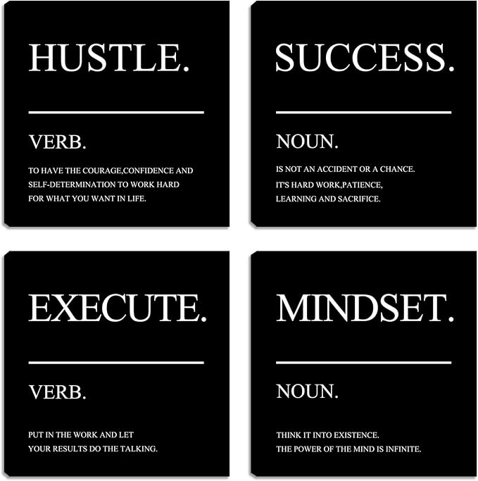 Framed Motivational Wall Art for Home Office - Inspirational Hustle Canvas - Mindset Decor for Living Room, Bedroom, Men's Office - 12"x12"x4PCS