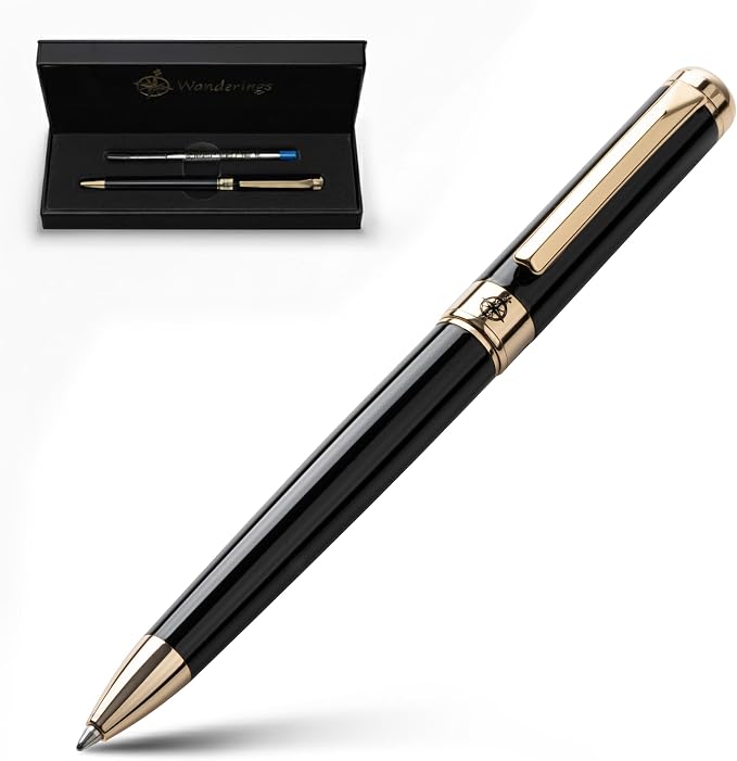 WANDERINGS Premium Ballpoint Pen with German Ink – Perfectly Balanced Executive Pen with 24K Gold Plated – Piano Black - Includes a Schmidt Refill in a Giftable Presentation Case for Men or Women
