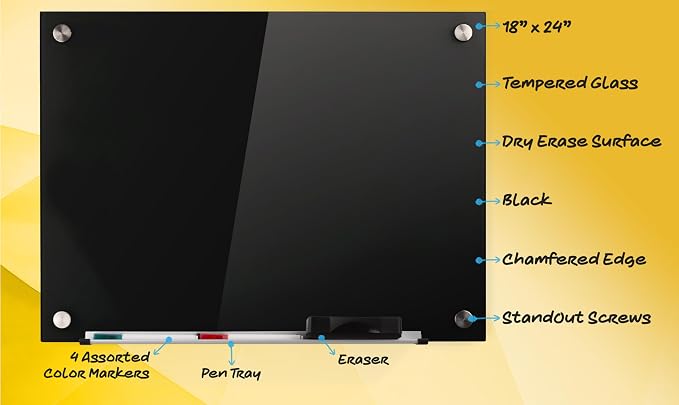 Real Glass Dry Erase Board, 18" x 24", Tempered Glass Surface, Frameless Wall Mount, with 4 Assorted Color Markers and Eraser, by Better Office Products (Jet Black)