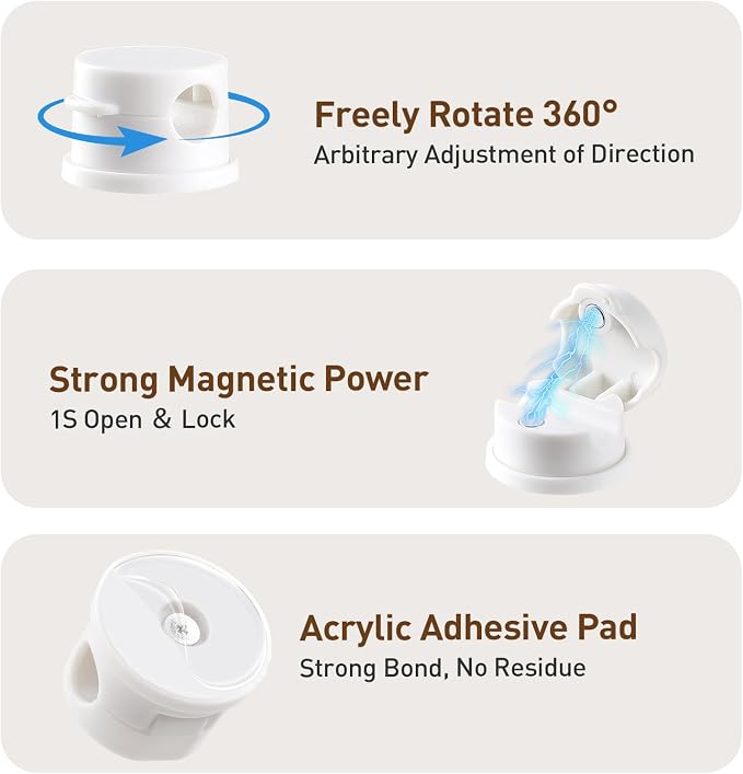 AGPTEK 8 Pack Magnetic Cable Clips, 360° Rotatable Cord Holder, White | Cable Holder for Nightstand, Desk Cord Organizer Adhesive Wire Management Home Phone Charging Cords USB Cable Keeper