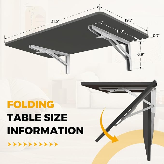 Black Wall Mounted Folding Table 31.5"x19.7" Fold Down Wooden Wall Desk for Small Spaces, Floating Table for Kitchen, Laundry, or Home Office, Heavy Duty Metal Brackets