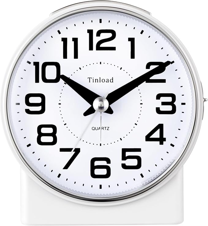 Tinload 4.3" No Ticking Analog Alarm Clock,Silent Readable for Seniors,Easy to Set,Gradual Rise Alarm,Big Numbers,On/Off Switch on Side,Gentle Wake,Snooze,Lighted on Demand,Battery Operated,White
