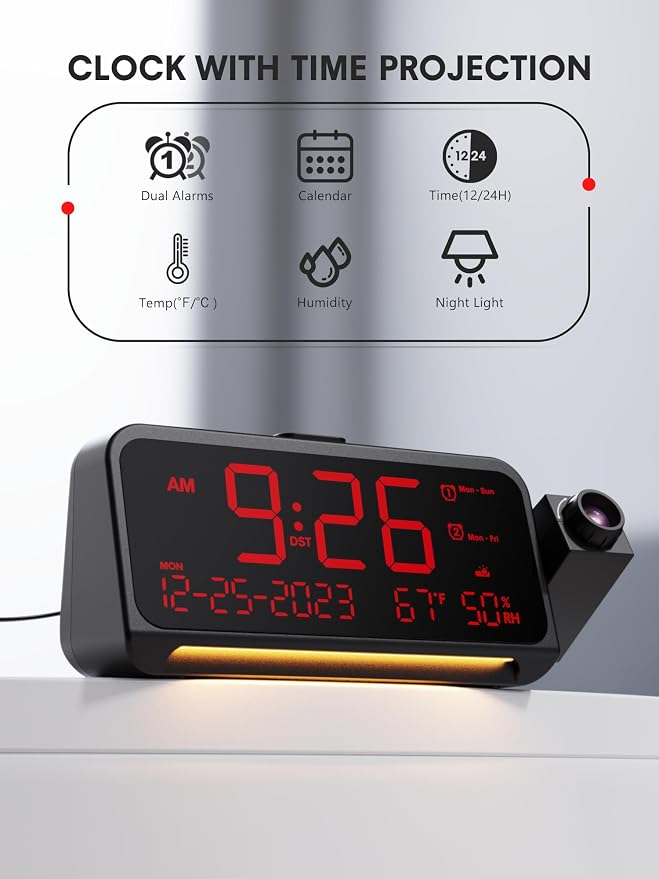 Mesqool Projection Alarm Clock Ceiling Display, with Temperature, Humidity | Dual Alarms, 5-Level Dimmer, Date, Night Light, Weekday/Weekend Mode, 12/24H, DST, , Snooze, 180° Rotatable, for Bedroom