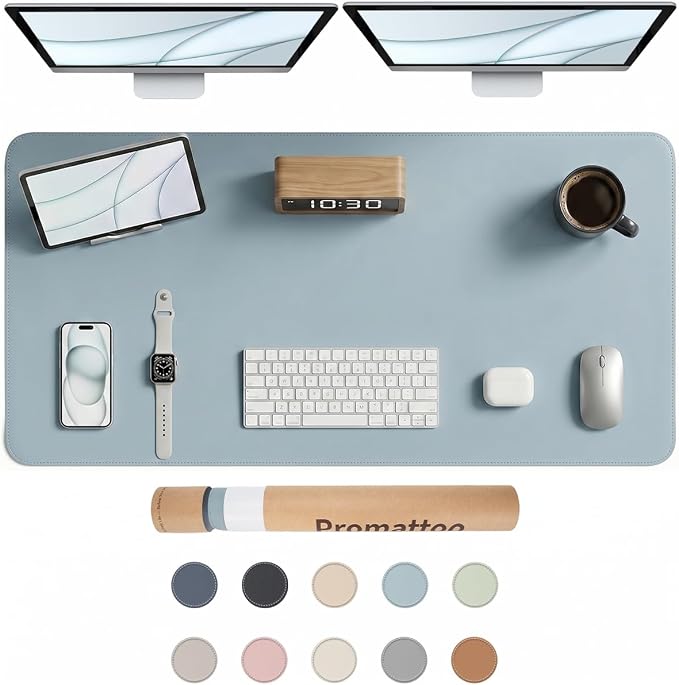 Large Desk Pad Non-Slip Desk Mat Protector for Keyboard Mouse Waterproof Vegan Leather Surface Faux Leather Laptop Mat Smooth Mouse Pad Premium Gift Tube Morning Fog Blue 47" x 23"