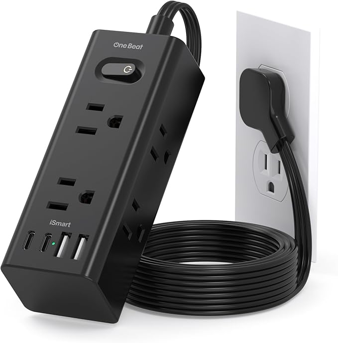 1Ft Extension Cord with Multiple Outlets, Flat Plug Power Strip Surge Protector with 1 Ft Cord, 6 Outlet 4 USB Ports (2 USB C), Multi Outlet Wall Plug for Travel, College, Dorm Room Essentials(Black)