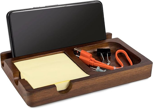 S&A WOODCRAFT Office Desk Organizer with Sticky Note Holder, Pen Slot & Phone Stand - Versatile Brown Acacia Sticky Note Dispenser, Includes 100 3x3 Inch Pages & 4 Anti-Skid Pads.