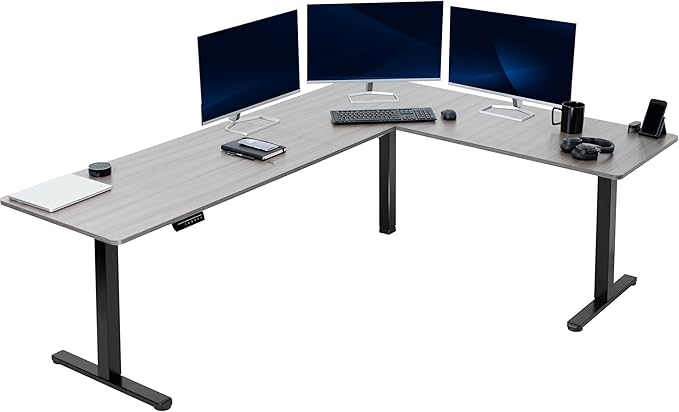 VIVO Corner Standing Desk, 84 x 63 inch Reversible L-Shaped Workstation, Electric Height Adjustment, Home, Office, and Reception Rooms, Dark Gray Table Top Black Frame, DESK-E3CTBG-84
