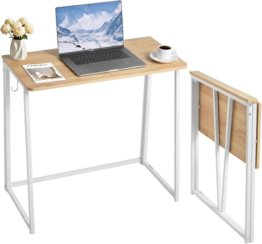 VEVOR Folding Desk, 31.5" Foldable Table for Small Spaces with Storage Hooks, Space Saving Computer Table, Writing Workstation for Home Office, Easy Assembly, Oak