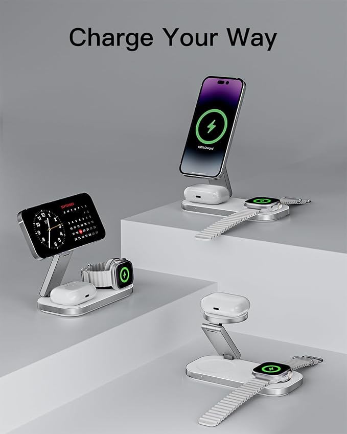 Keepro 3-in-1 Charging Station for Apple Device, Foldable Magnetic Wireless Fast Charger Stand Compatible with MagSafe for iPhone 17e/17/16/15/14/13/12/Air Series, Apple Watch & AirPods-White